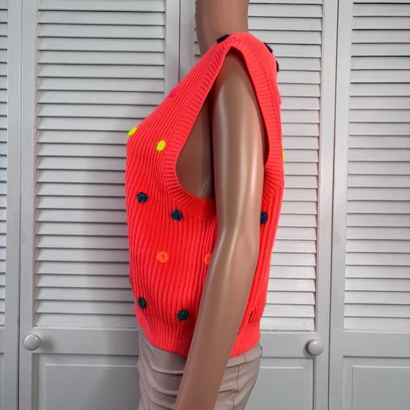 New QUEEN OF SPARKLES Neon Orange Polka Dot Sleeveless Sweater Size Small - Picture 3 of 8